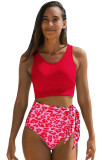 Red Sky Blue Floral Printed High Waist Waist Lace Up Bikini Set