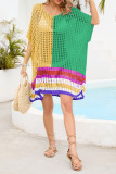 Color Block Striped Hem Hollow Out Knit Kimono