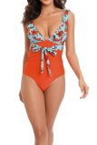 V Neck Ruffles Floral One Piece Swimsuit