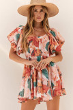 Multicolor Oil Painting Floral Print Smocked Ruffle Dress