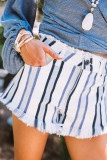 Stripe Raw Hem Distressed Denim Shorts