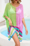 Color Block Striped Hem Hollow Out Knit Kimono