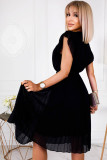 Black Frill Trim Sleeves Pleated Chiffon Dress