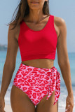 Red Sky Blue Floral Printed High Waist Waist Lace Up Bikini Set