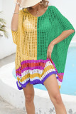 Color Block Striped Hem Hollow Out Knit Kimono