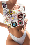 White Hollow-out Knitting Floral Crochet Beach Cover up