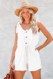 White Buttons Drawstring Sleeveless Romper