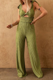 Green Shirred Knotted Front Tied Shoulder Wide Leg Jumpsuit