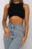 Sleeveless Crew Neck Plain Knitting Crop Top