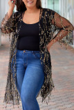 Black 3/4 Bell Sleeve Sequin Sheer Kimono