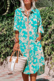 Sky Blue Floral Print Button-up Half Sleeve Maxi Dress