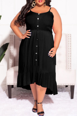 Black Plus Size Spaghetti Straps Buttoned Ruffle Midi Dress