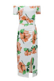 Green Floral Print Off Shoulder Slit Bodycon Midi Dress