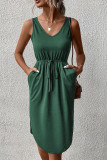 Plain V Neck Drawstring Pockets Sleeveless Dress
