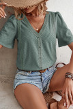 Plain V Neck Lace Edge Textured Buttoned Blouse