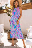 Purple Abstract Floral Print Sleeveless Maxi Dress