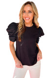Black Ribbed Puff Short Sleeve Top
