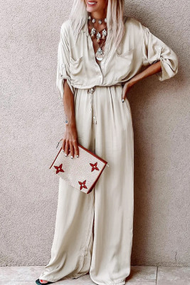 Apricot Lace-up High Waist Long Sleeve Wide Leg Jumpsuit