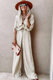 Apricot Lace-up High Waist Long Sleeve Wide Leg Jumpsuit