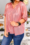 Pink Split V Neck Metallic Short Sleeve Top