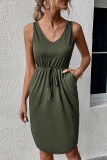 Plain V Neck Drawstring Pockets Sleeveless Dress