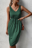 Plain V Neck Drawstring Pockets Sleeveless Dress