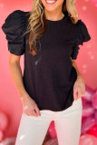 Black Ribbed Puff Short Sleeve Top