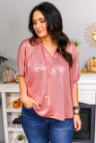 Pink Split V Neck Metallic Short Sleeve Top