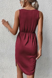 Plain V Neck Drawstring Pockets Sleeveless Dress