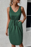 Plain V Neck Drawstring Pockets Sleeveless Dress