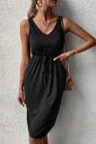 Plain V Neck Drawstring Pockets Sleeveless Dress