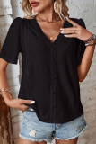 Plain V Neck Lace Edge Textured Buttoned Blouse