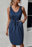 Plain V Neck Drawstring Pockets Sleeveless Dress