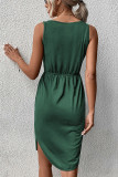 Plain V Neck Drawstring Pockets Sleeveless Dress