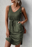 Plain V Neck Drawstring Pockets Sleeveless Dress