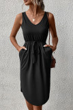 Plain V Neck Drawstring Pockets Sleeveless Dress