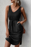 Plain V Neck Drawstring Pockets Sleeveless Dress