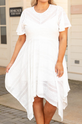 White Plus Size Lace Striped Texture Handkerchief Hem Dress