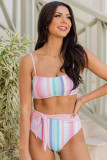 Multicolor Striped Print Tie Strap High Waist Bikini