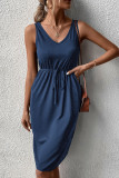 Plain V Neck Drawstring Pockets Sleeveless Dress