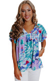 Sky Blue Abstract Print V Neck Flutter Sleeve Blouse