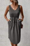 Plain V Neck Drawstring Pockets Sleeveless Dress