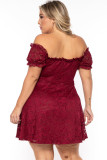 Red Lace Frill Bubble Sleeve Off Shoulder Plus Size Dress
