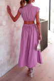 Plain Frilled High Collar Cut Out Waist Maxi Dress