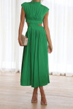 Plain Frilled High Collar Cut Out Waist Maxi Dress