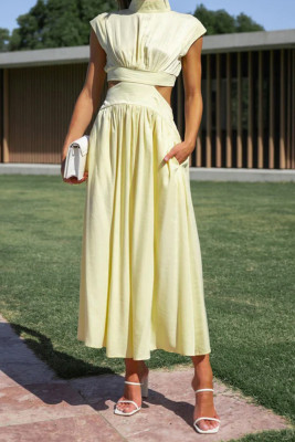 Plain Frilled High Collar Cut Out Waist Maxi Dress