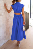 Plain Frilled High Collar Cut Out Waist Maxi Dress