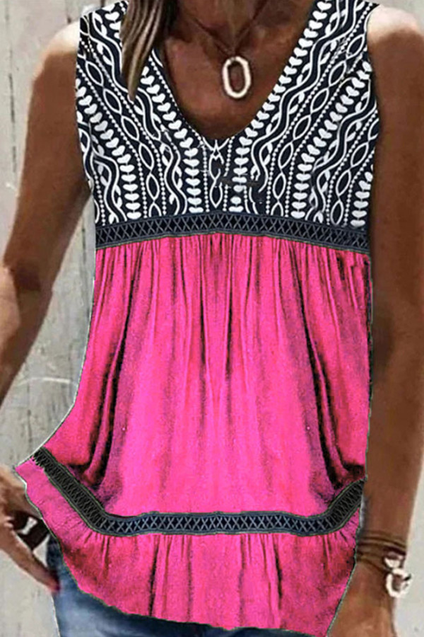 V Neck Color Block Printed Tank Top