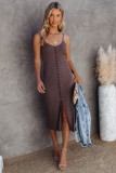 Brown Buttoned Ribbed Knit Sleeveless Midi Dress with Slit