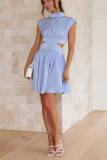 Plain Frilled High Coloar Cut Out Waist Mini Dress